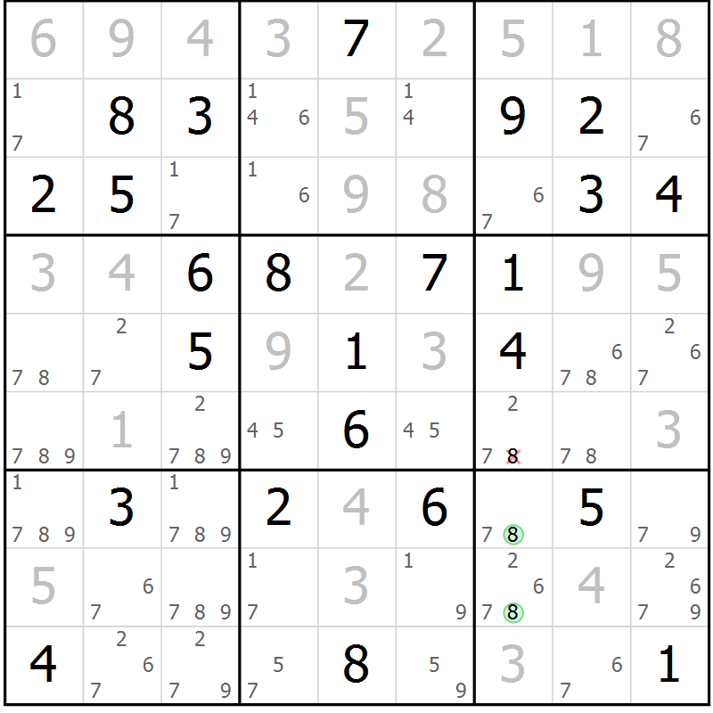 Position des candidats pour la solution de la Gr 39 page 42 du magazine de sudoku Maestro n° 100