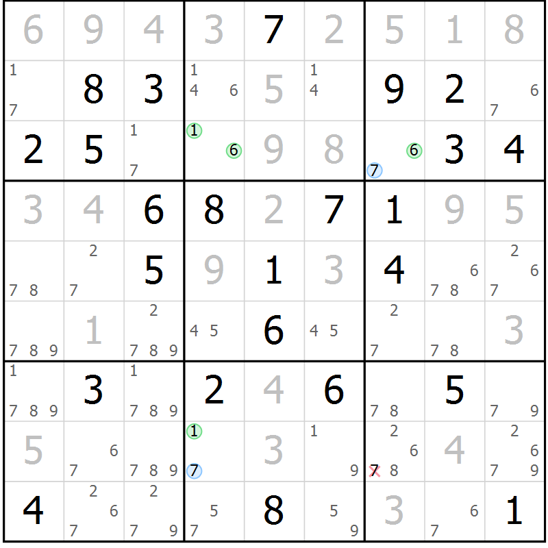 Position des candidats pour la solution de la Gr 39 page 42 du magazine de sudoku Maestro n° 100