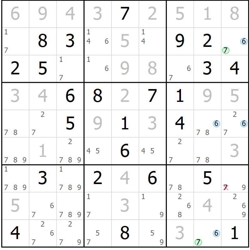 Position des candidats pour la solution de la Gr 39 page 42 du magazine de sudoku Maestro n° 100