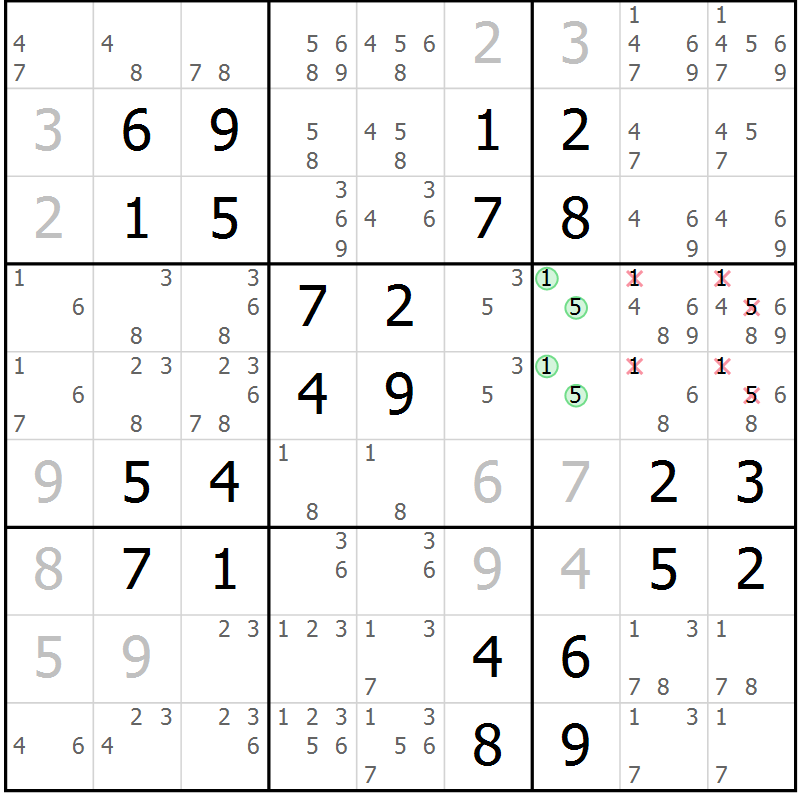 Position des candidats pour la solution de la Gr 4 page 7 du magazine de sudoku Maestro n° 100