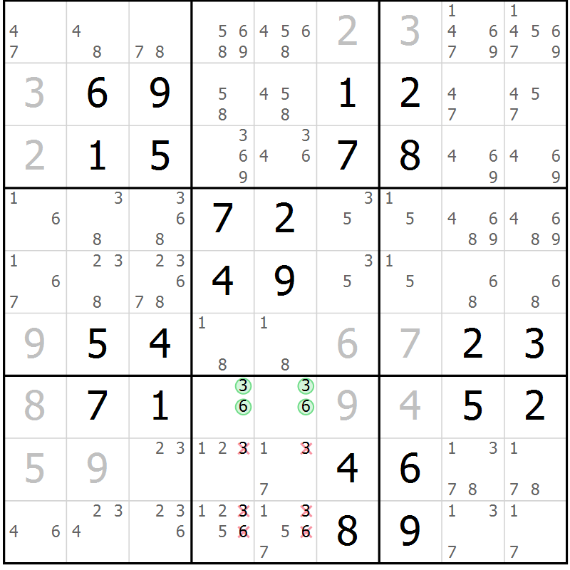 Position des candidats pour la solution de la Gr 4 page 7 du magazine de sudoku Maestro n° 100