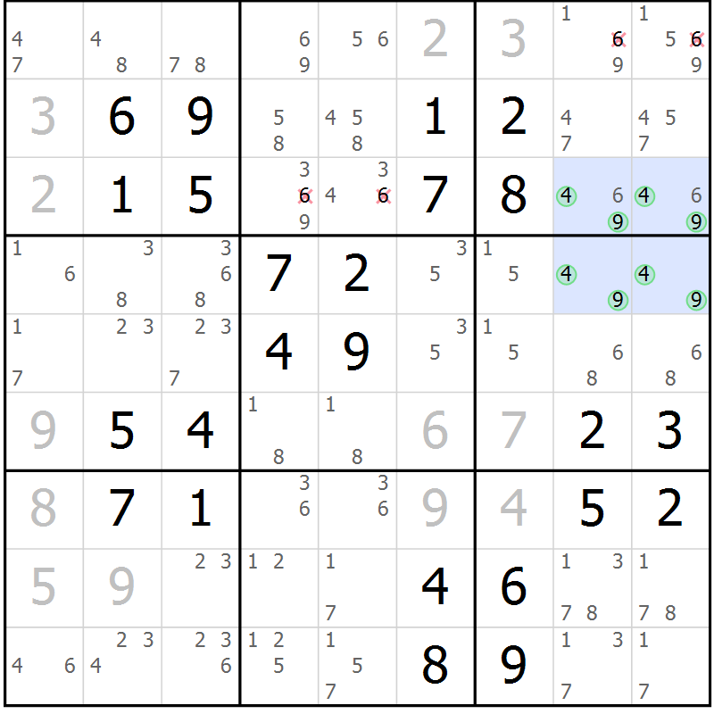 Position des candidats pour la solution de la Gr 4 page 7 du magazine de sudoku Maestro n° 100