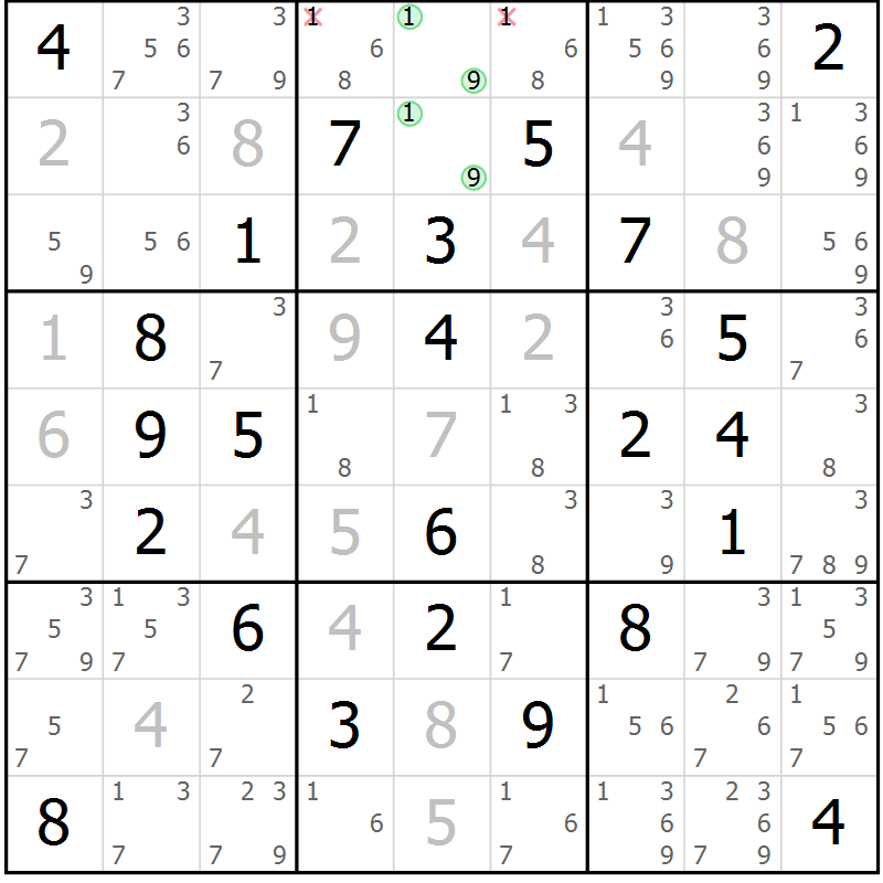 Position des candidats pour la solution de la Gr 40 page 43 du magazine de sudoku Maestro n° 100
