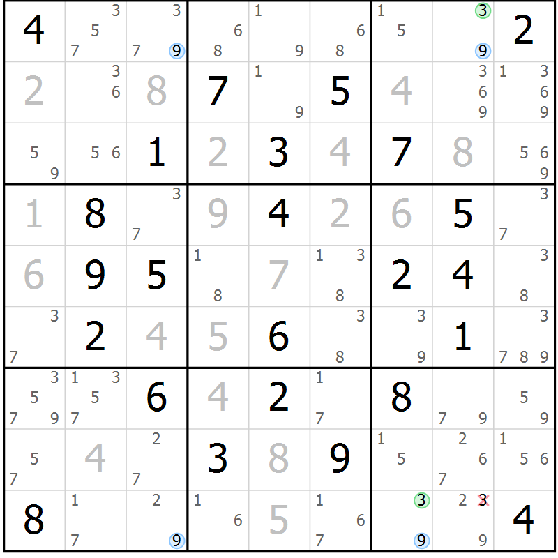 Position des candidats pour la solution de la Gr 40 page 43 du magazine de sudoku Maestro n° 100