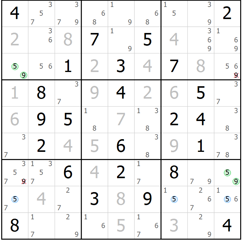 Position des candidats pour la solution de la Gr 40 page 43 du magazine de sudoku Maestro n° 100