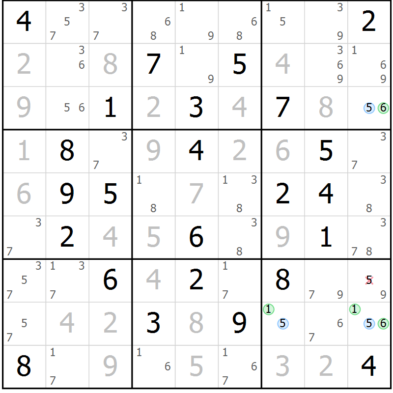 Position des candidats pour la solution de la Gr 40 page 43 du magazine de sudoku Maestro n° 100