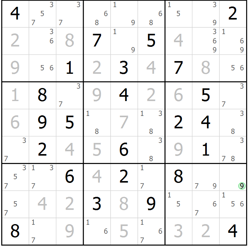 Position des candidats pour la solution de la Gr 40 page 43 du magazine de sudoku Maestro n° 100