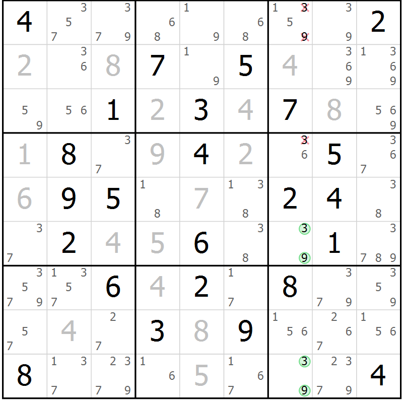 Position des candidats pour la solution de la Gr 40 page 43 du magazine de sudoku Maestro n° 100