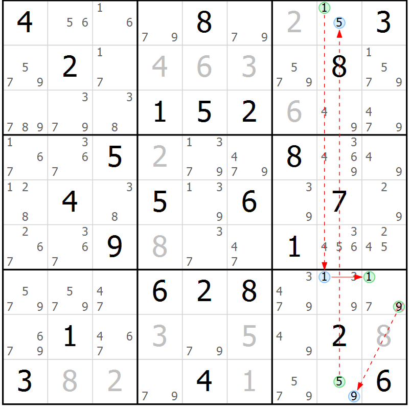 Position des candidats pour la solution de la Gr 41 page 44 du magazine de sudoku Maestro n° 100