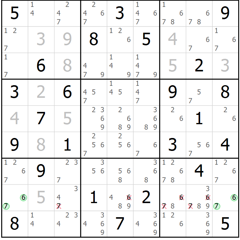 Position des candidats pour la solution de la Gr 42 page 45 du magazine de sudoku Maestro n° 100