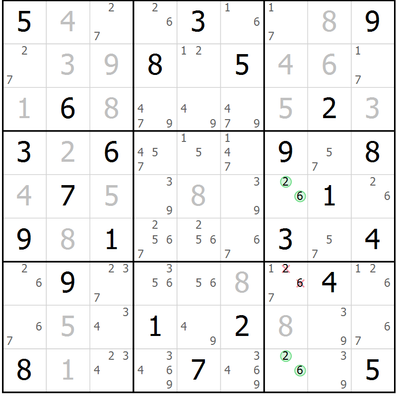 Position des candidats pour la solution de la Gr 42 page 45 du magazine de sudoku Maestro n° 100