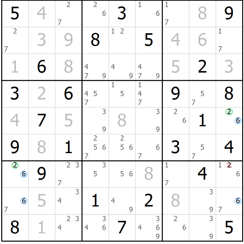 Position des candidats pour la solution de la Gr 42 page 45 du magazine de sudoku Maestro n° 100