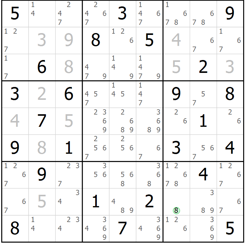 Position des candidats pour la solution de la Gr 42 page 45 du magazine de sudoku Maestro n° 100