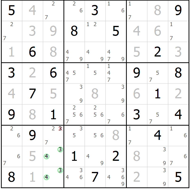 Position des candidats pour la solution de la Gr 42 page 45 du magazine de sudoku Maestro n° 100