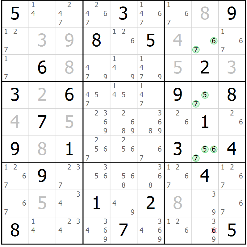 Position des candidats pour la solution de la Gr 42 page 45 du magazine de sudoku Maestro n° 100