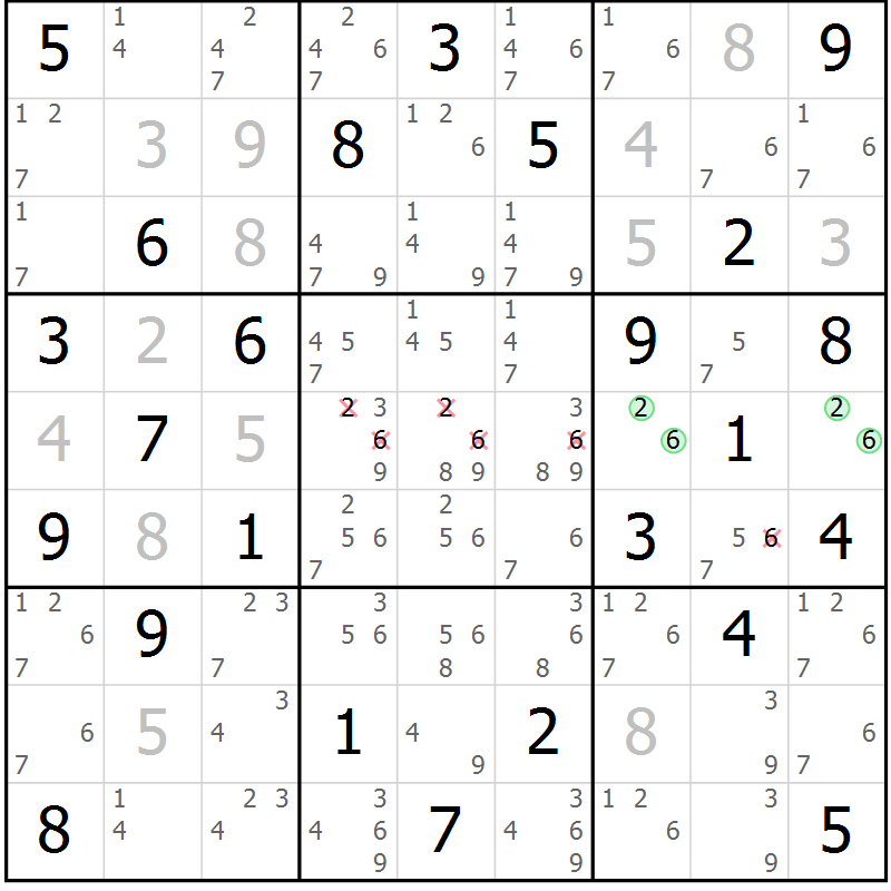 Position des candidats pour la solution de la Gr 42 page 45 du magazine de sudoku Maestro n° 100