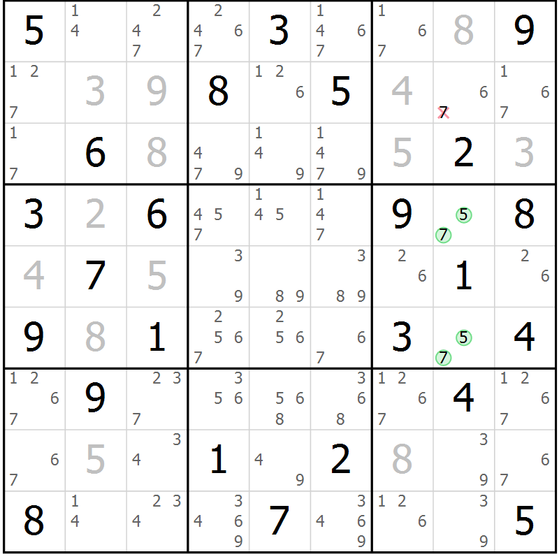 Position des candidats pour la solution de la Gr 42 page 45 du magazine de sudoku Maestro n° 100
