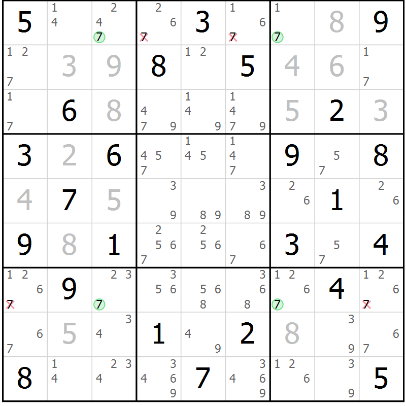 Position des candidats pour la solution de la Gr 42 page 45 du magazine de sudoku Maestro n° 100