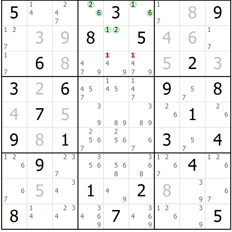 Position des candidats pour la solution de la Gr 42 page 45 du magazine de sudoku Maestro n° 100
