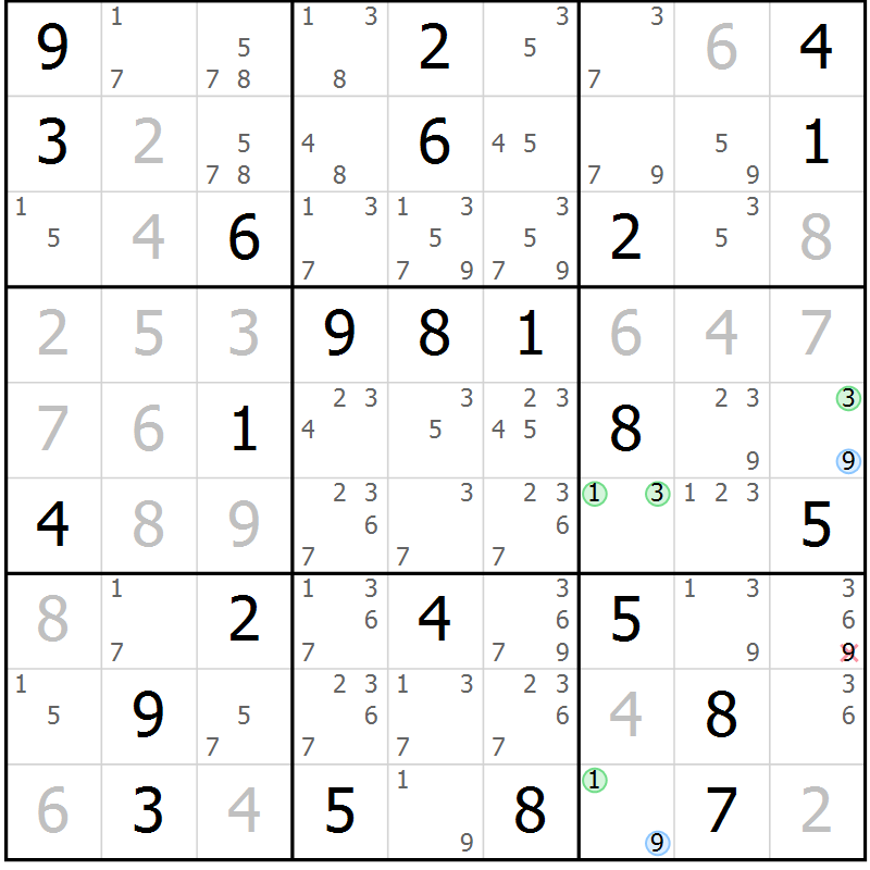 Position des candidats pour la solution de la Gr 43 page 46 du magazine de sudoku Maestro n° 100