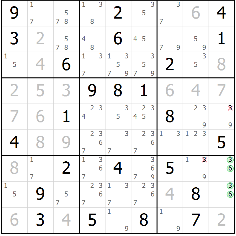 Position des candidats pour la solution de la Gr 43 page 46 du magazine de sudoku Maestro n° 100