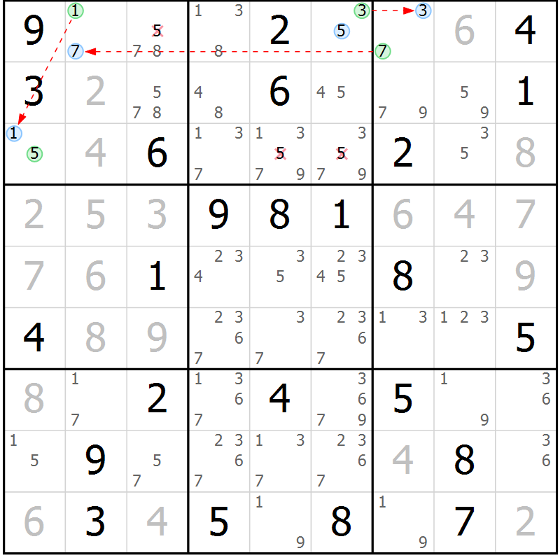 Position des candidats pour la solution de la Gr 43 page 46 du magazine de sudoku Maestro n° 100