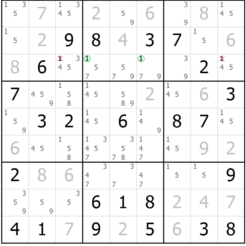 Position des candidats pour la solution de la Gr 44 page 47 du magazine de sudoku Maestro n° 100