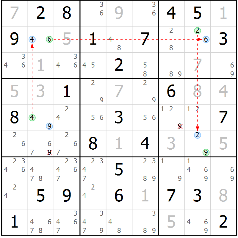 Position des candidats pour la solution de la Gr 45 page 48 du magazine de sudoku Maestro n° 100