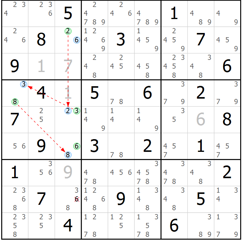 Position des candidats pour la solution de la Gr 46 page 49 du magazine de sudoku Maestro n° 100