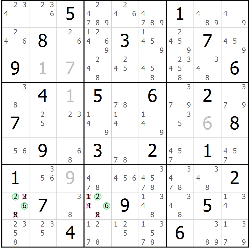 Position des candidats pour la solution de la Gr 46 page 49 du magazine de sudoku Maestro n° 100