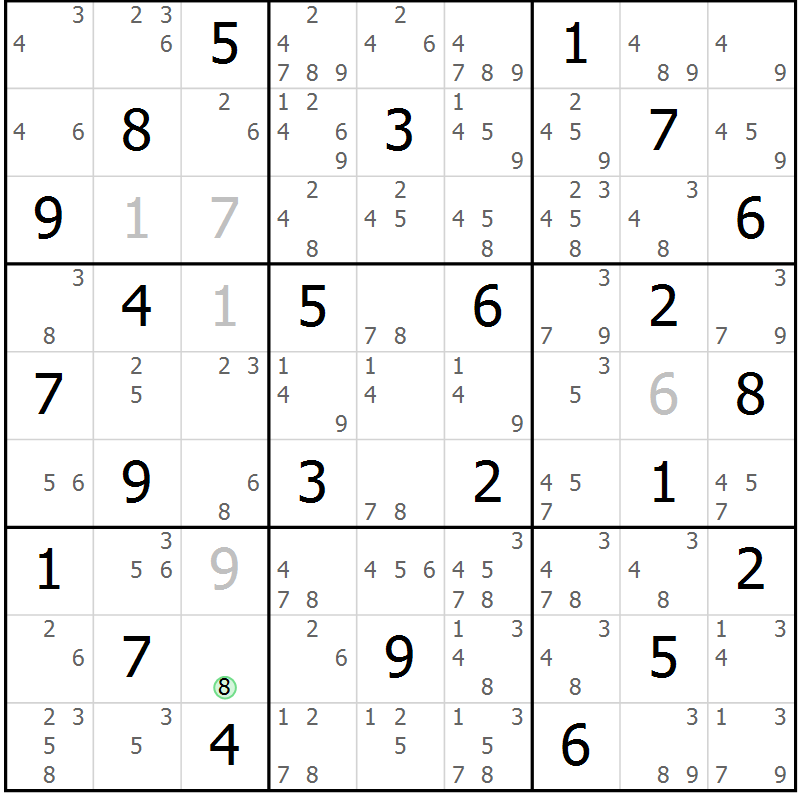 Position des candidats pour la solution de la Gr 46 page 49 du magazine de sudoku Maestro n° 100