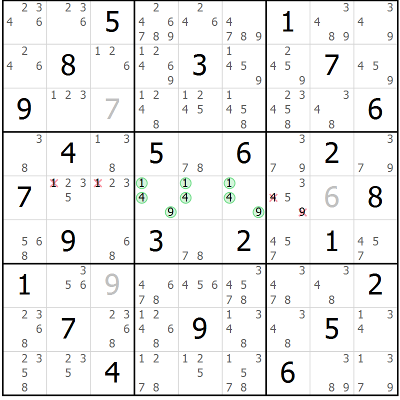 Position des candidats pour la solution de la Gr 46 page 49 du magazine de sudoku Maestro n° 100