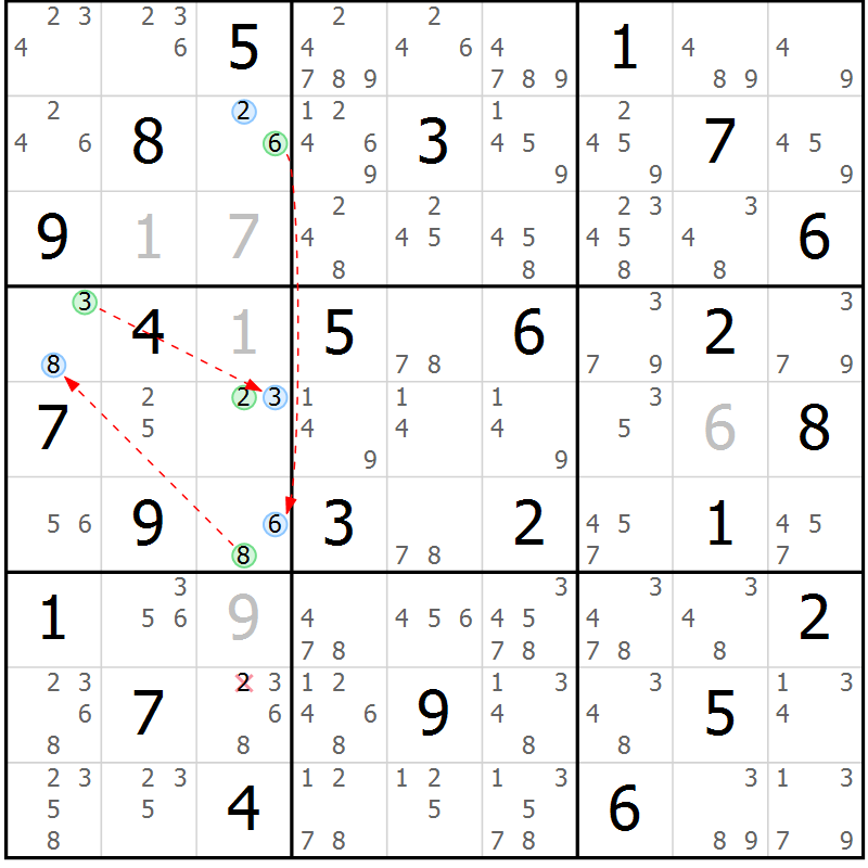 Position des candidats pour la solution de la Gr 46 page 49 du magazine de sudoku Maestro n° 100