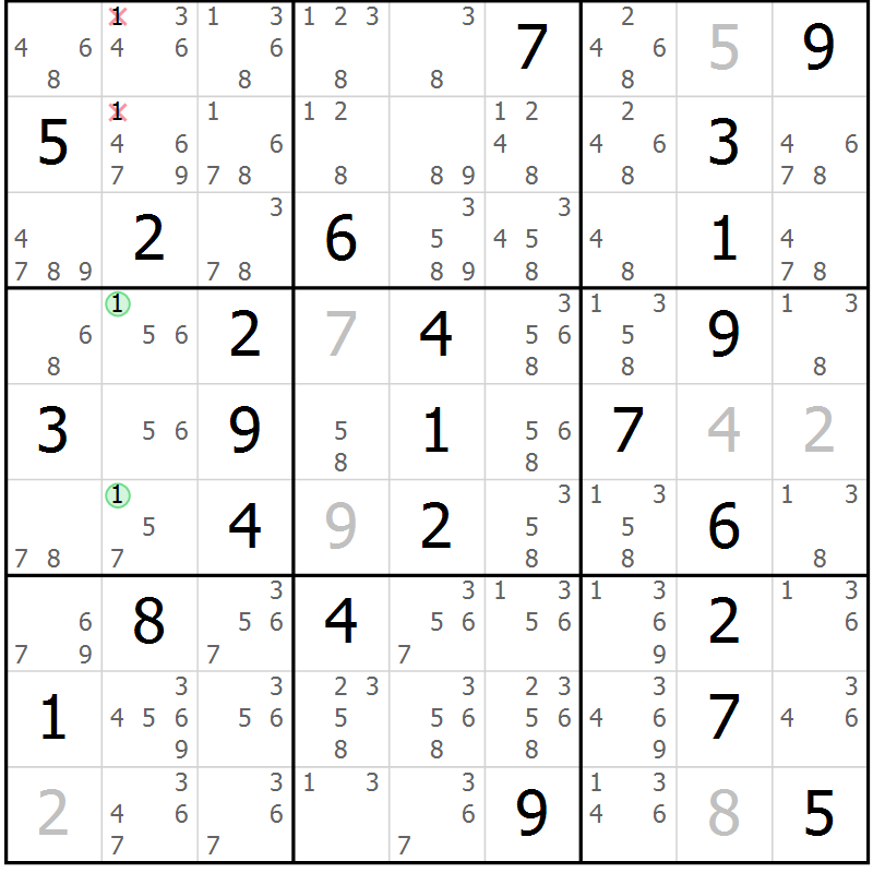 Position des candidats pour la solution de la Gr 47 page 50 du magazine de sudoku Maestro n° 100