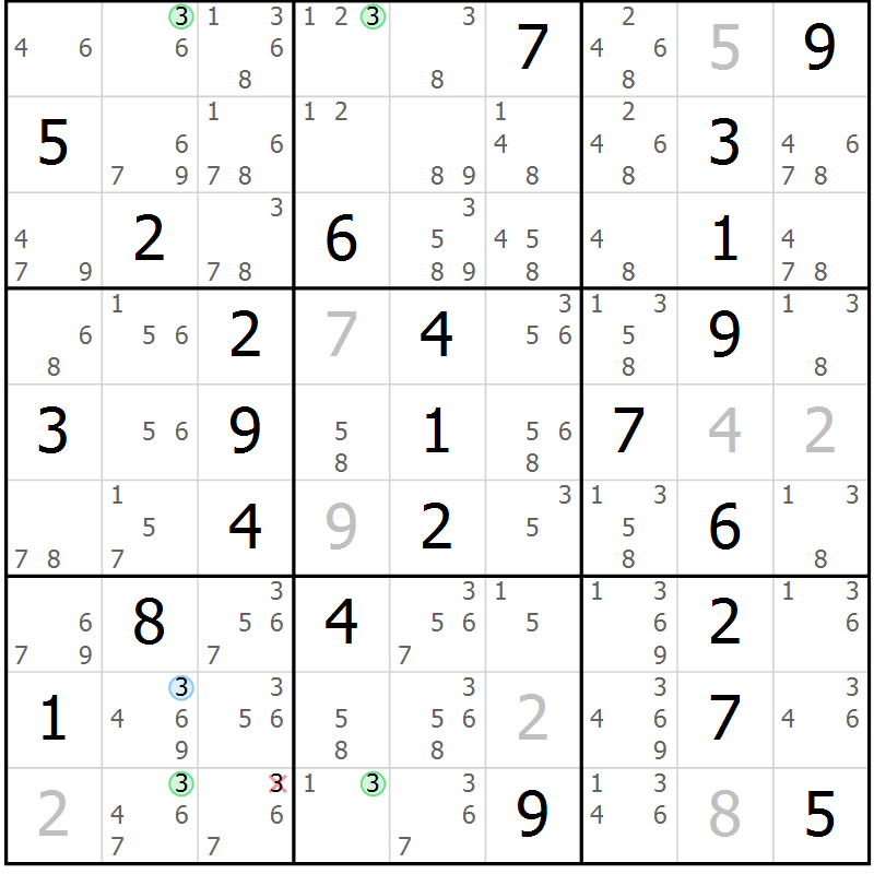 Position des candidats pour la solution de la Gr 47 page 50 du magazine de sudoku Maestro n° 100