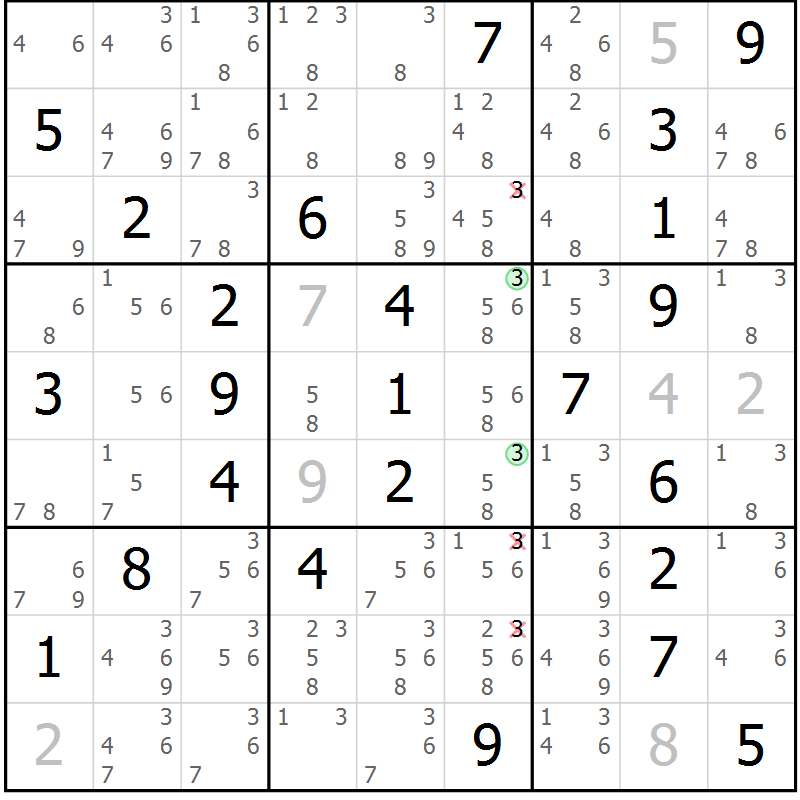 Position des candidats pour la solution de la Gr 47 page 50 du magazine de sudoku Maestro n° 100