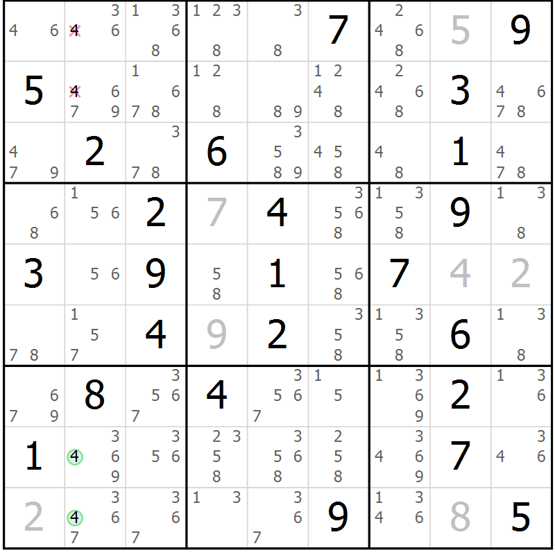 Position des candidats pour la solution de la Gr 47 page 50 du magazine de sudoku Maestro n° 100