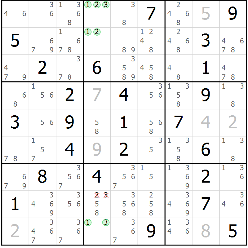 Position des candidats pour la solution de la Gr 47 page 50 du magazine de sudoku Maestro n° 100