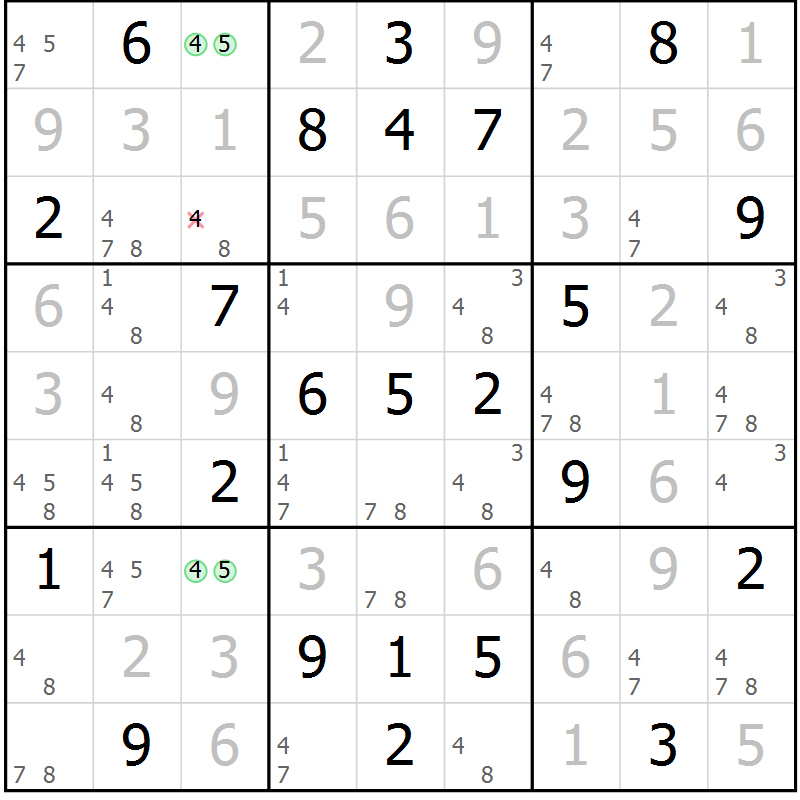 Position des candidats pour la solution de la Gr 48 page 51 du magazine de sudoku Maestro n° 100