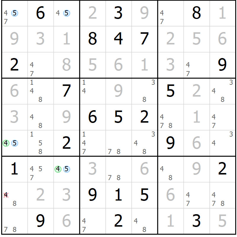 Position des candidats pour la solution de la Gr 48 page 51 du magazine de sudoku Maestro n° 100
