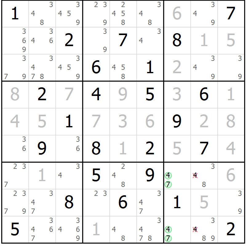 Position des candidats pour la solution de la Gr 49 page 52 du magazine de sudoku Maestro n° 100