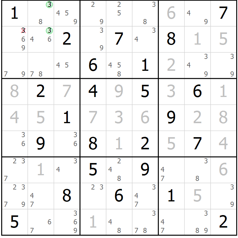 Position des candidats pour la solution de la Gr 49 page 52 du magazine de sudoku Maestro n° 100