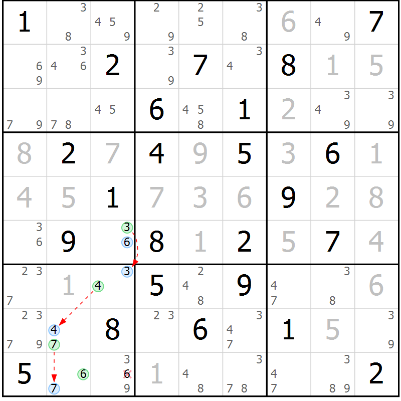 Position des candidats pour la solution de la Gr 49 page 52 du magazine de sudoku Maestro n° 100