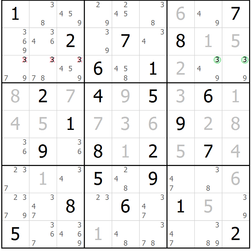 Position des candidats pour la solution de la Gr 49 page 52 du magazine de sudoku Maestro n° 100