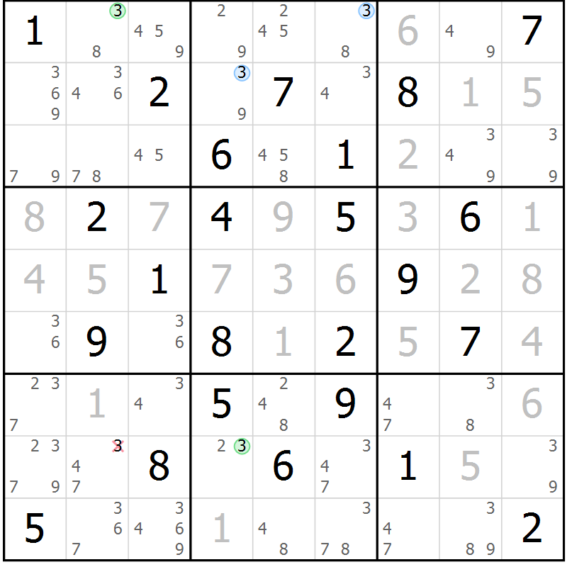 Position des candidats pour la solution de la Gr 49 page 52 du magazine de sudoku Maestro n° 100
