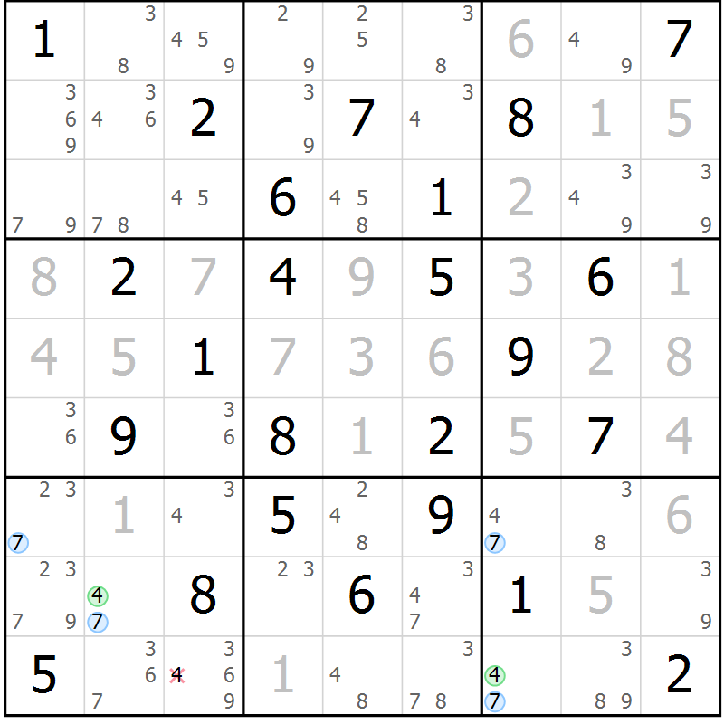 Position des candidats pour la solution de la Gr 49 page 52 du magazine de sudoku Maestro n° 100