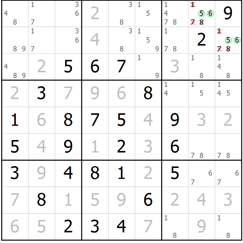 Position des candidats pour la solution de la Gr 5 page 8 du magazine de sudoku Maestro n° 100
