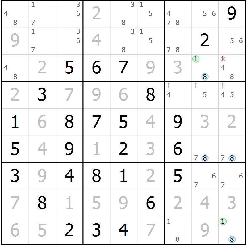 Position des candidats pour la solution de la Gr 5 page 8 du magazine de sudoku Maestro n° 100