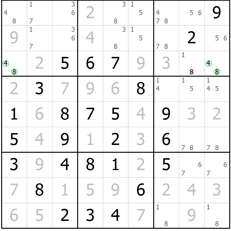 Position des candidats pour la solution de la Gr 5 page 8 du magazine de sudoku Maestro n° 100