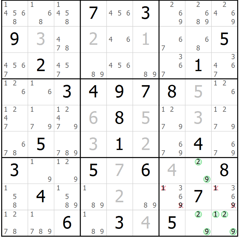 Position des candidats pour la solution de la Gr 50 page 53 du magazine de sudoku Maestro n° 100